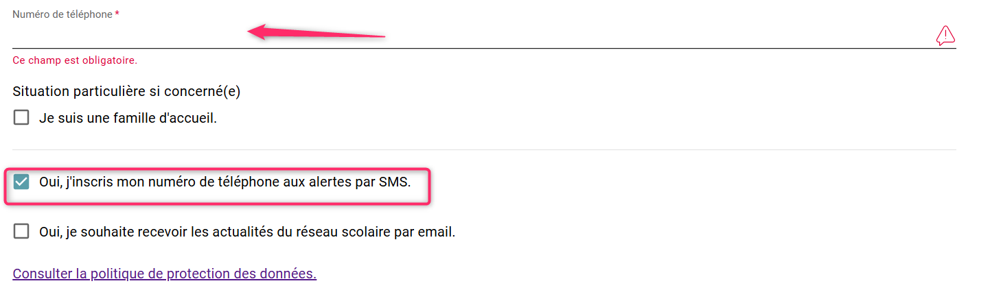 Impression écran de la zone où remplir son numéro de téléphone