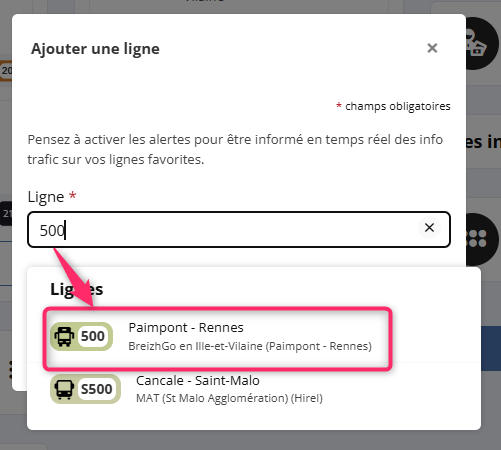 Impression écran de la zone où rechercher la ligne