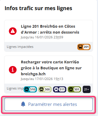 Impression écran de la zone où paramétrer des alertes