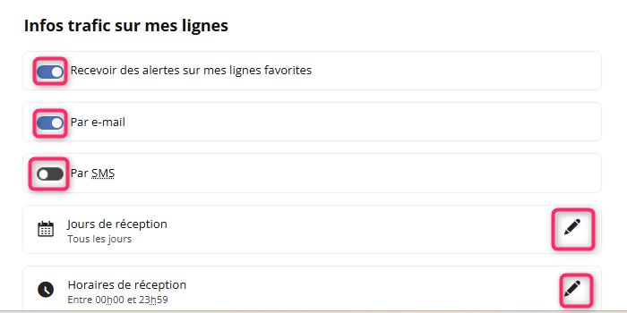 Impression écran de la zone où sélectionner les options pour recevoir les infos trafic